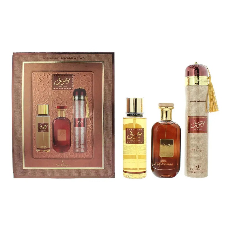 Ard Al Zaafaran Mousuf 3 Piece Gift Set: Eau De Parfum 100ml – Perfume Mist 250ml – Air Freshener 300ml