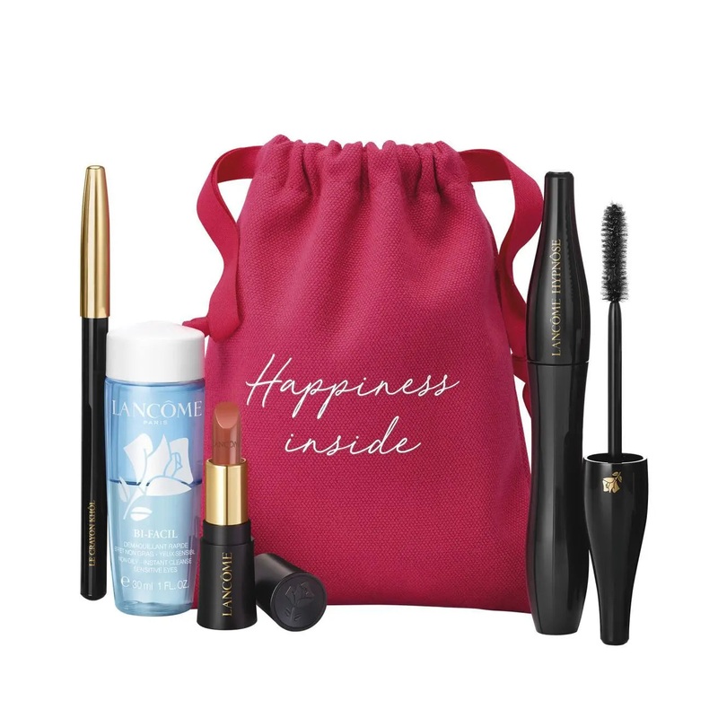 LANCOME SET: MASCARA 6.2ML NO1 BLACK + LIPSTICK 1.6G NO274 + CLEANSER 30ML + EYE PENCIL BLK 1.14G