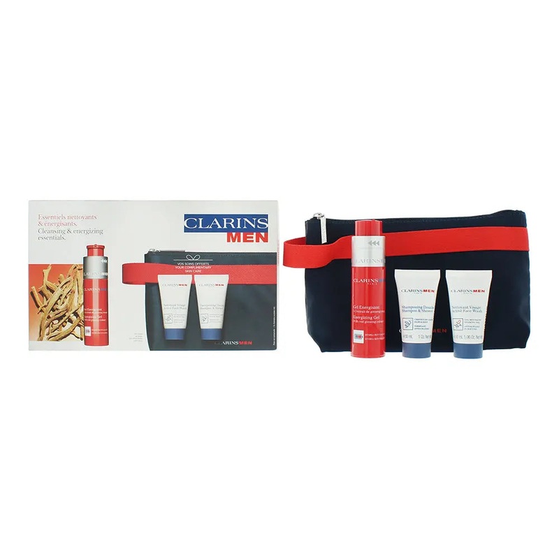 Clarins Men 4 Piece Gift Set: Energisant Gel 50ml – Foaming Cleanser 30ml – Sham