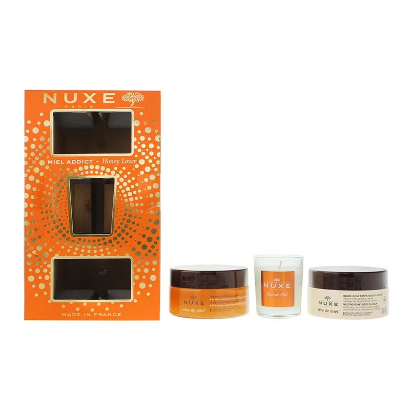Nuxe Honey Lover 3 Piece Gift Set: Body Oil Balm 200ml – Nourishing Body Scrub 175ml – Candle 70g