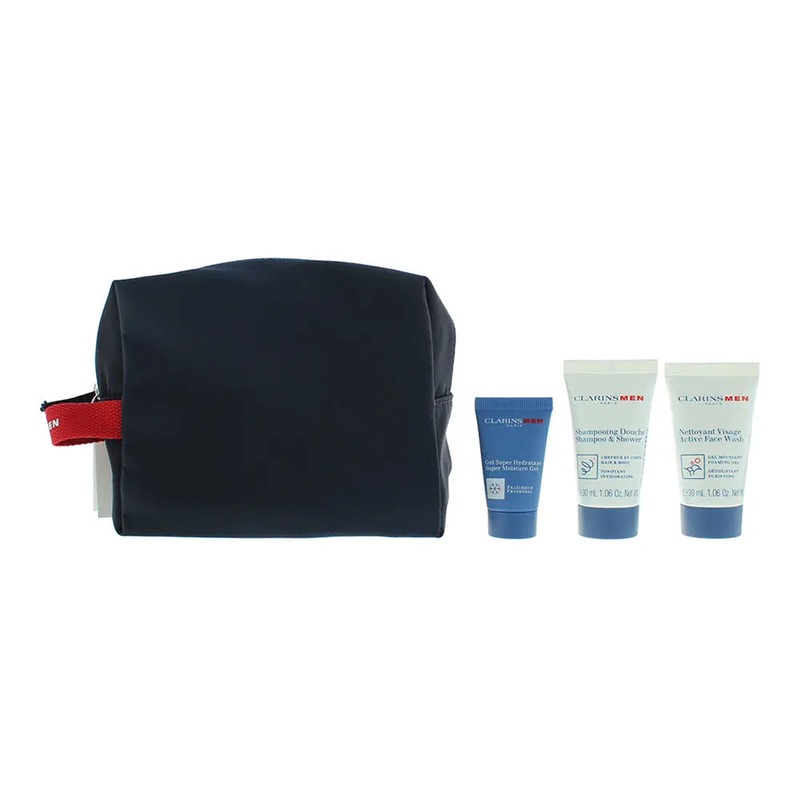Clarins 4 Piece Gift Set: Active Face Wash 30ml – Hair & Body Shampoo 30ml – Super Moisture Gel 12ml – Pouch