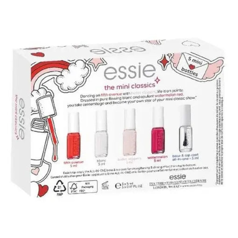 ESSIE NAIL SET: 5ML POLISH – NO1 BLANC + NO6 BALLET SLIPPERS + NO65 FIFTH AVENUE + NO27 WM + BASE COAT
