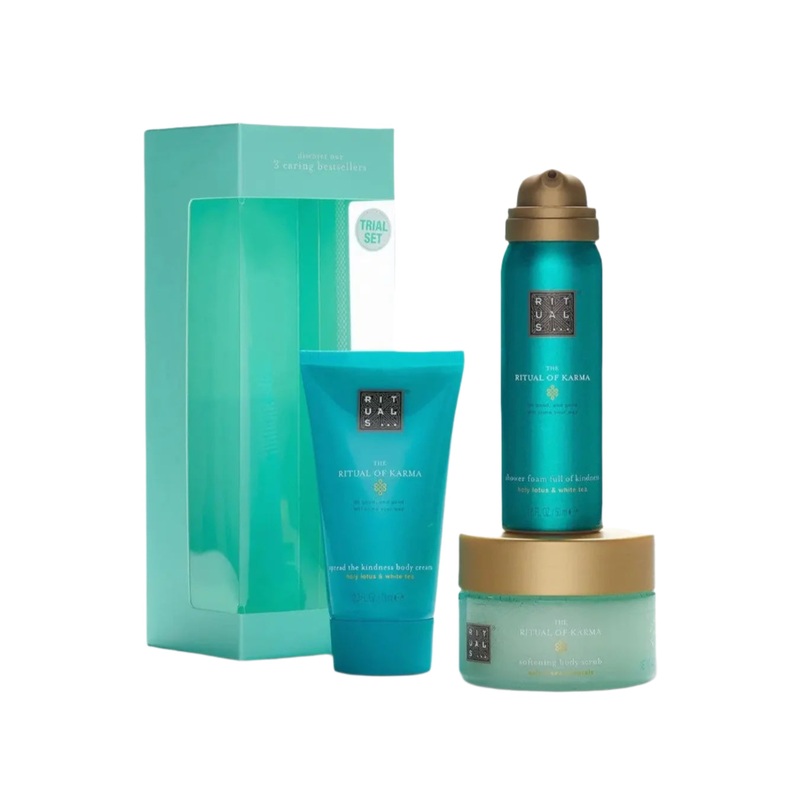 RITUALS KARMA SET: 48HR HYDRATING BODY CREAM 70ML + FOAMING SHOWER GEL 50ML +  SOFTENING BODY SCRUB 125G