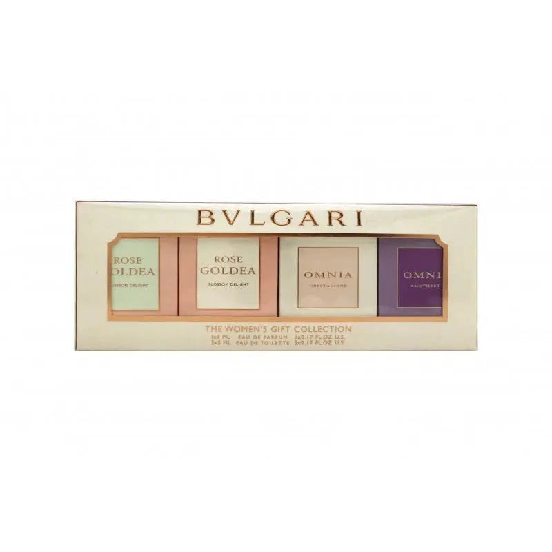 BULGARI COFFRET SET: ROSE GOLDEA BLOSSOM DELIGHT EDP + & EDT + OMNIA  CRYSTALLINE EDT + OMNI AMETHYSTE EDT – 4 X 5ML