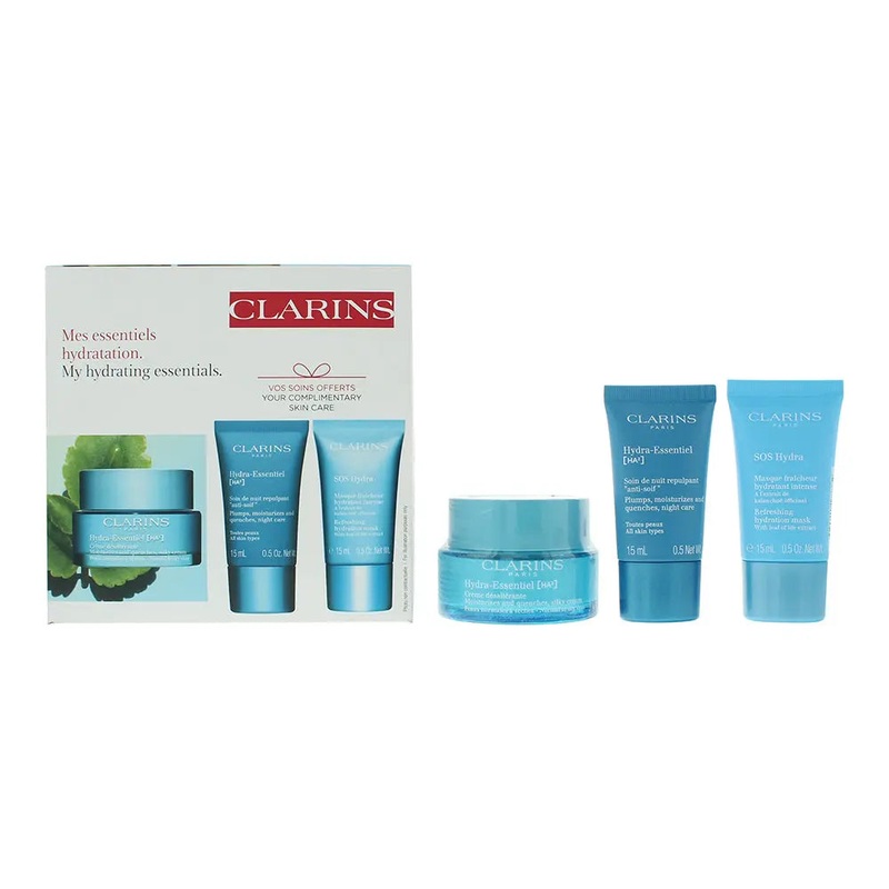 Clarins Hydra-Essentiel 3 Piece Gift Set: Day Cream 50ml – Scrub 15ml – Hydra Mask 15ml